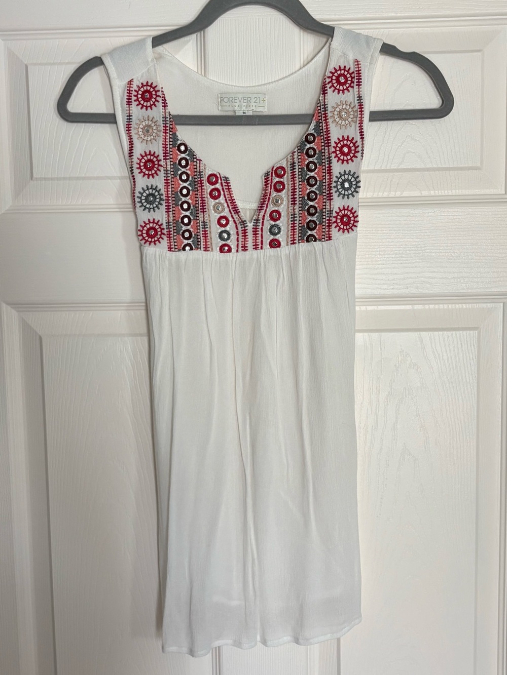 Forever 21 White Tank Top with Red & Black Embroidery
